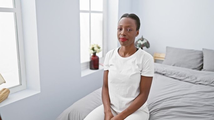 开朗的非洲裔美国妇女自信地张开双臂欢迎，而放松在她的卧室床上，创造友好和邀请的气氛
