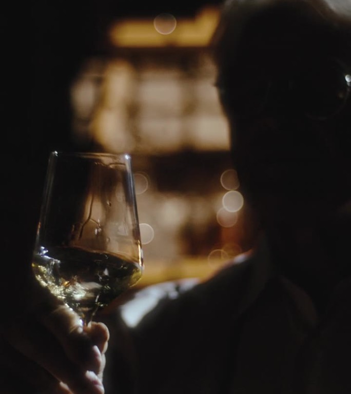 SLO MO品味宁静:鉴赏家优雅地旋转一杯葡萄酒，喝一口，酿酒厂，葡萄酒，葡萄酒商