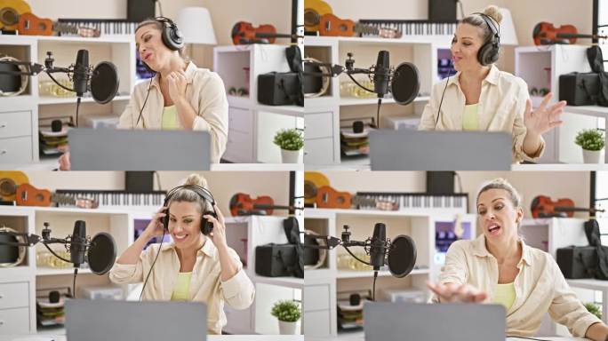 在广播节目中工作的年轻金发女记者在播音室里紧张地摘下耳机