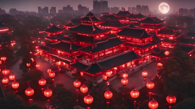 古代中式建筑红色灯笼汉唐卡通