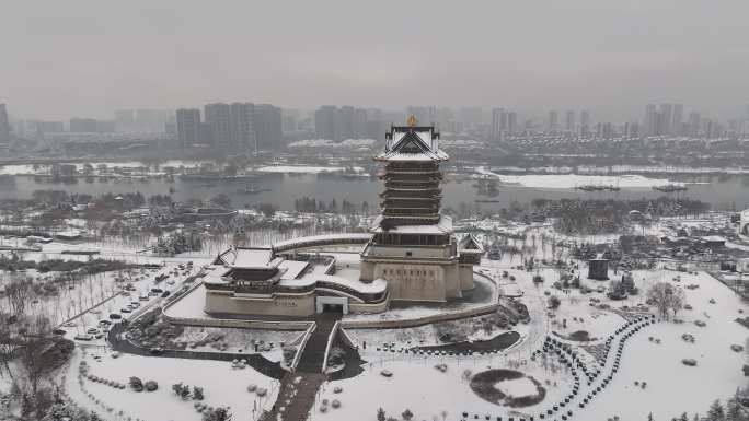 临沂 书圣阁 雪景 航拍 4k