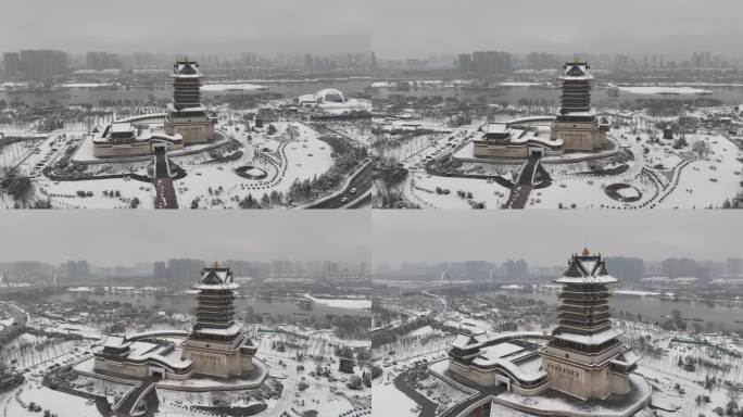 临沂 书圣阁 雪景 航拍 4k