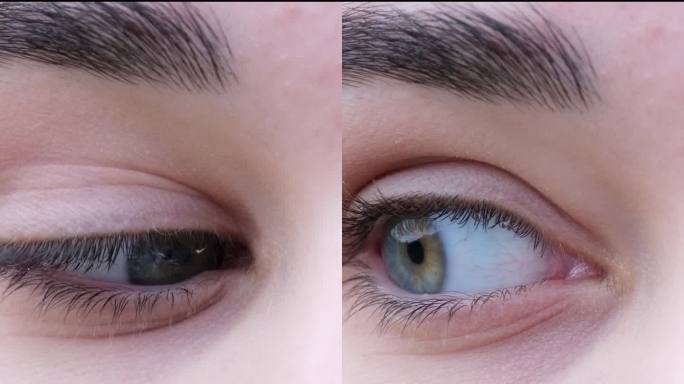 垂直视频用右眼看从右到左瞳孔特写女人绿蓝色眼睛眉毛睫毛浅色皮肤眼保健操检查视力