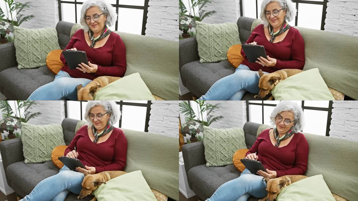 一个白发苍苍的成熟女人，在舒适的客厅里，和她的宠物狗在沙发上舒舒服服地玩着平板电脑。