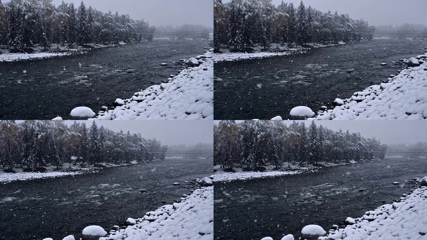 禾木河 下雪天 新疆冬天