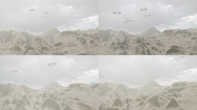外星飞碟舰队在沙漠上空快速飞行