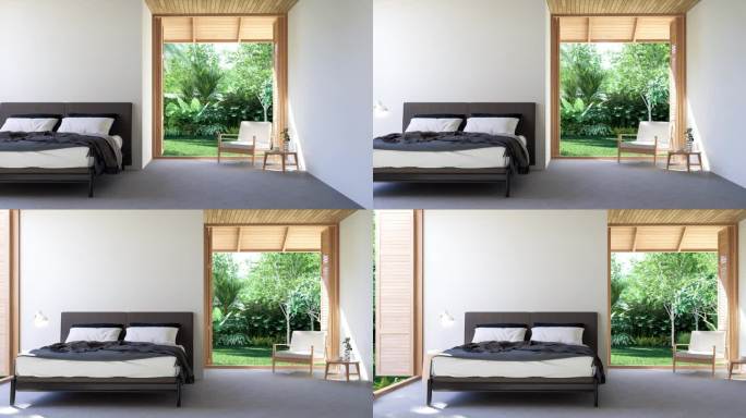 动画的现代阁楼风格的卧室与热带花园的看法3d渲染