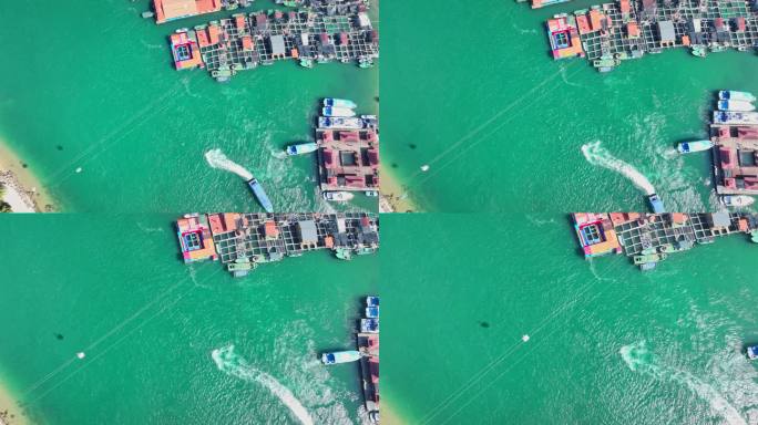 4k海南陵水疍家鱼排玻璃海海湾出海口航拍