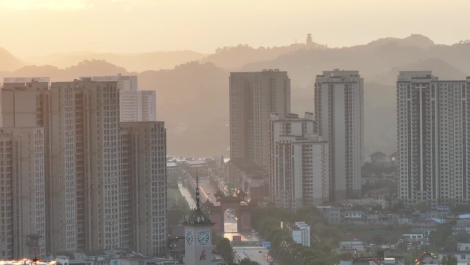 眉山市彭山区城市航拍清晨朝阳夕阳江景唯美