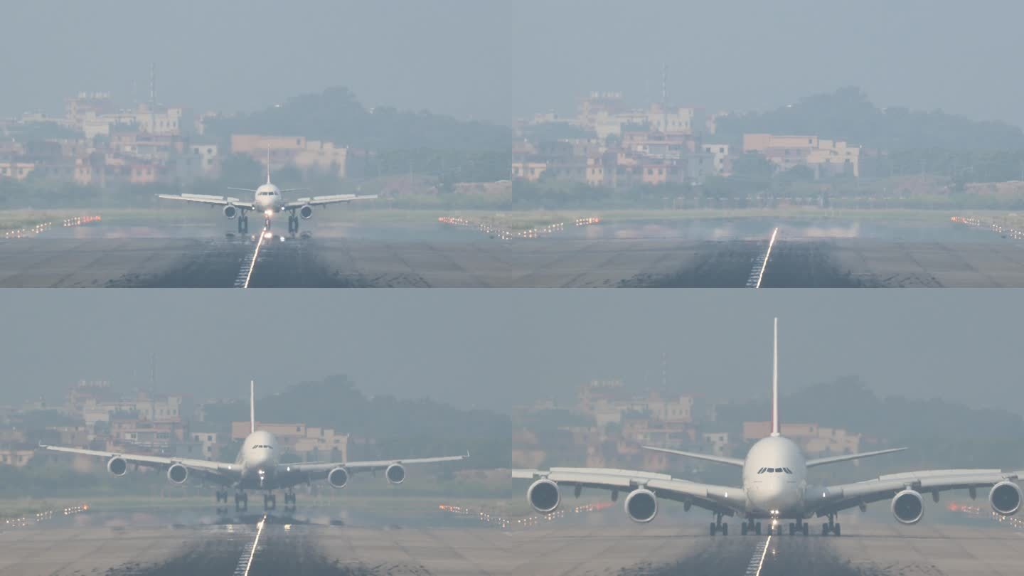 正面视角拍摄巨无霸飞机A380落地