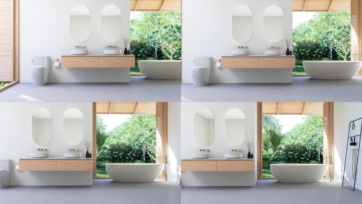 动画的现代阁楼风格的浴室与热带花园的看法3d渲染