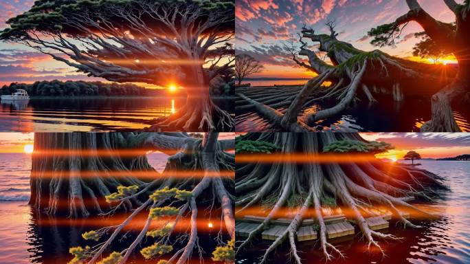 AI演绎落日下的树木