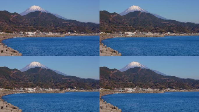 湛蓝的天空和美丽的阳光照在海上和富士山