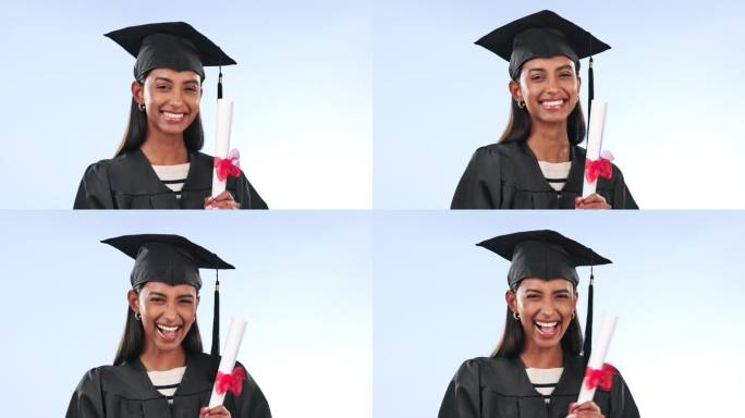 毕业，女性和学生的教育文凭，学院或大学的成功在蓝色背景。印度毕业生在工作室拿着论文、证书或学习成果兴