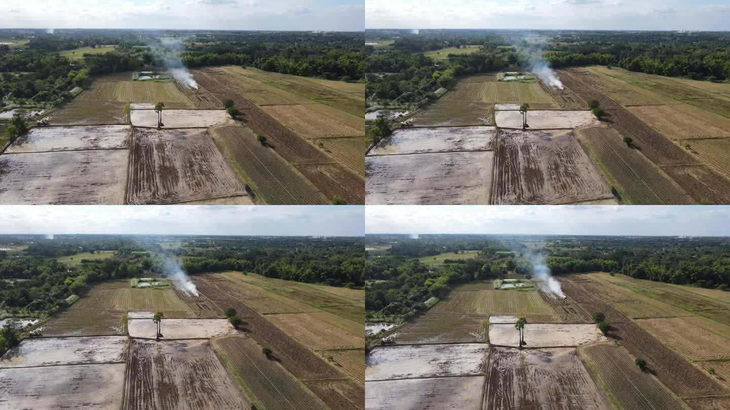 从无人机上鸟瞰收割后燃烧的稻田。