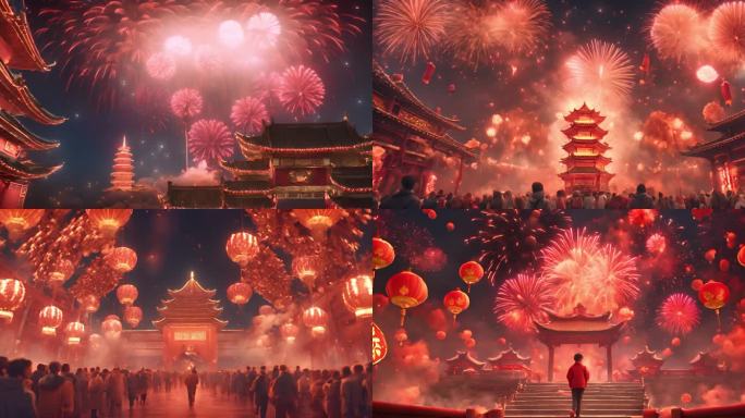 中式建筑首都汉唐不夜城庆祝新年绽放烟花