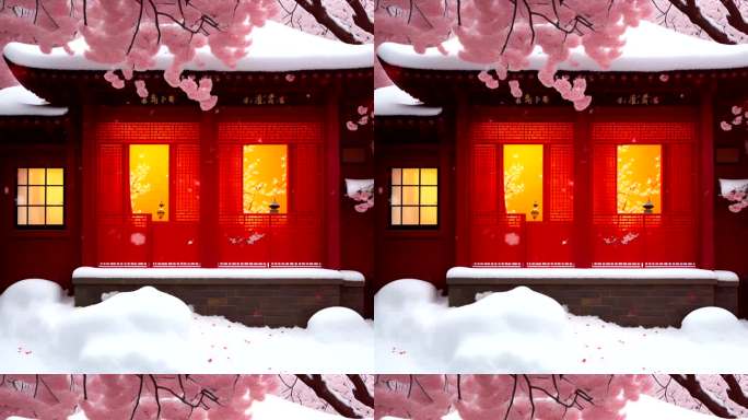 雪中梅花红色小屋