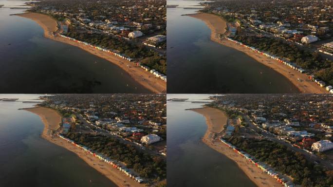 无人机拍摄的画面俯瞰着澳大利亚墨尔本布莱顿五颜六色的沐浴箱