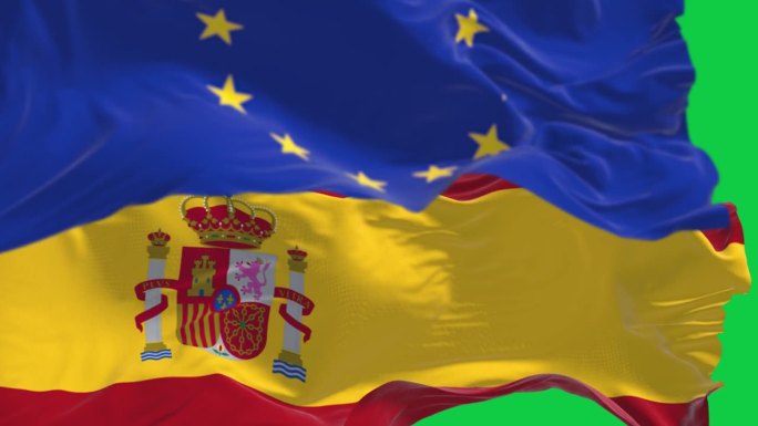 绿色屏幕上飘扬着西班牙和欧盟的旗帜