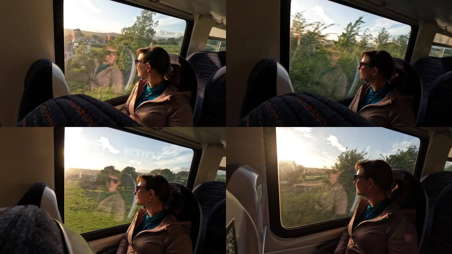 镜头光晕:一位年轻的女士坐在火车的窗边，欣赏着美丽的风景