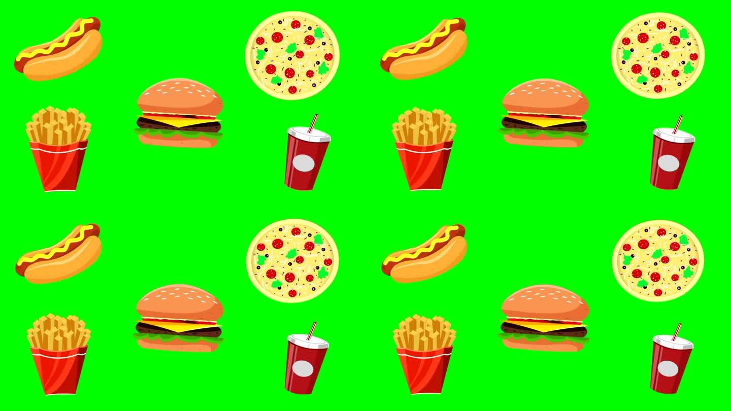 食品披萨，汉堡，炸土豆，热狗，汽水动画，绿色背景。