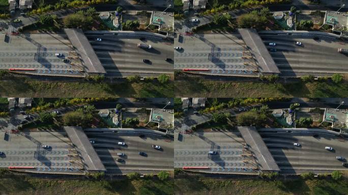 空中俯瞰高速公路收费站与许多车辆通过