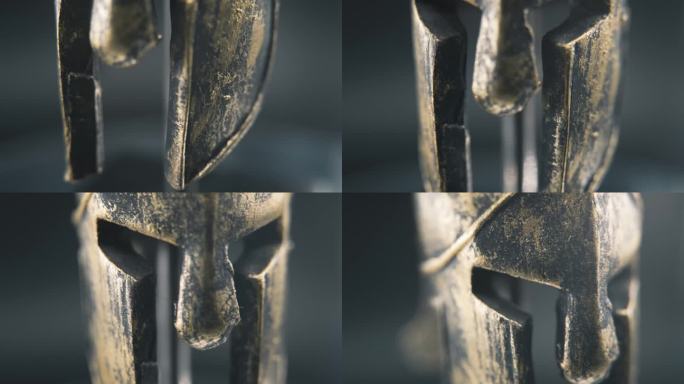 一个近距离的微距螺旋缓慢倾斜镜头，斯巴达人的脸设计，战士古希腊青铜头盔，在一个360度旋转的支架上，