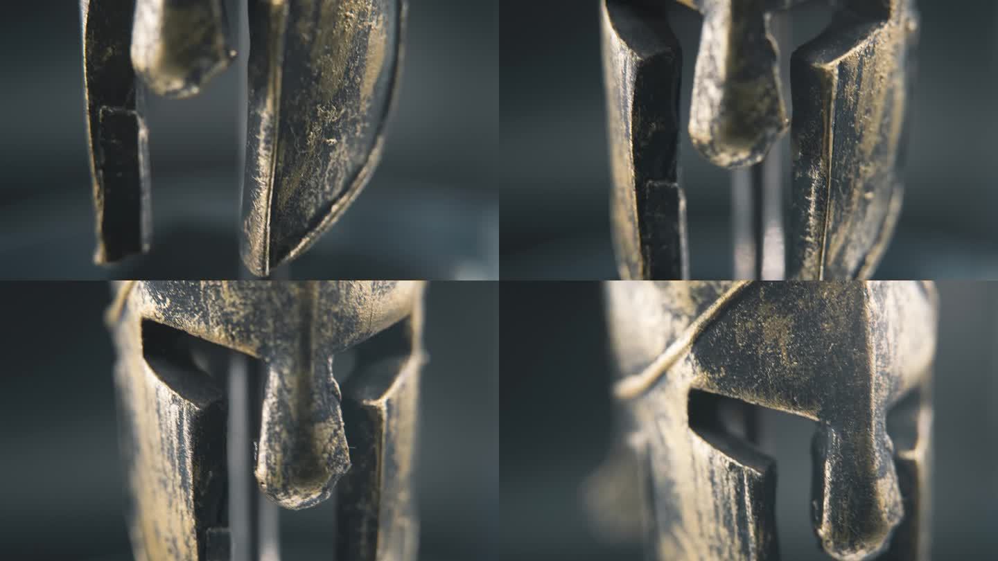 一个近距离的微距螺旋缓慢倾斜镜头，斯巴达人的脸设计，战士古希腊青铜头盔，在一个360度旋转的支架上，