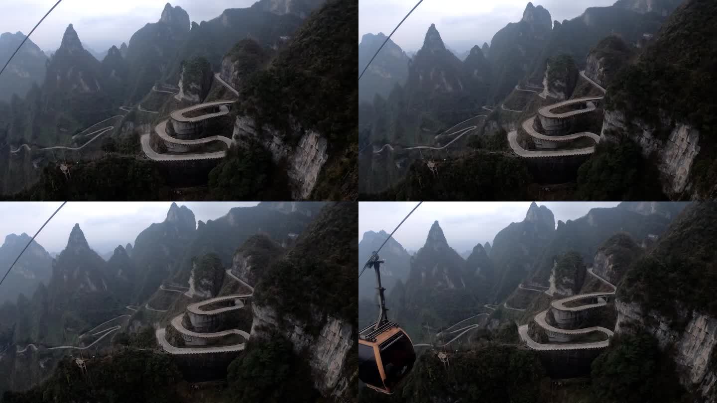 在中国多山的国家公园蜿蜒的道路上，从缆车舱内俯瞰
