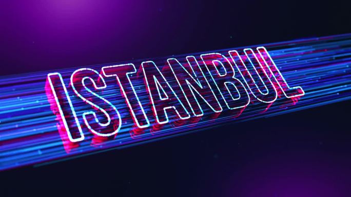未来的紫蓝红模糊聚焦伊斯坦布尔3D透视文字揭示，城市在土耳其与虚线粒子微风效果和闪光灰尘光耀斑