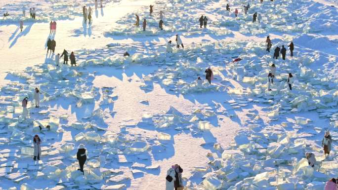 哈尔滨冰块钻石海日落风景航拍