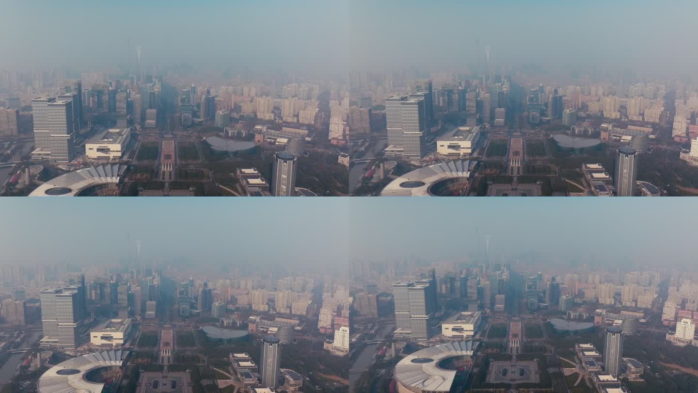 航拍雾霾中的上海世纪大道