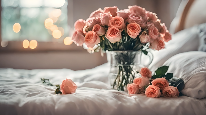 温馨浪漫的卧室的床上摆放着一束玫瑰花