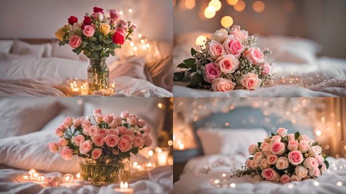 温馨浪漫的卧室的床上摆放着一束玫瑰花