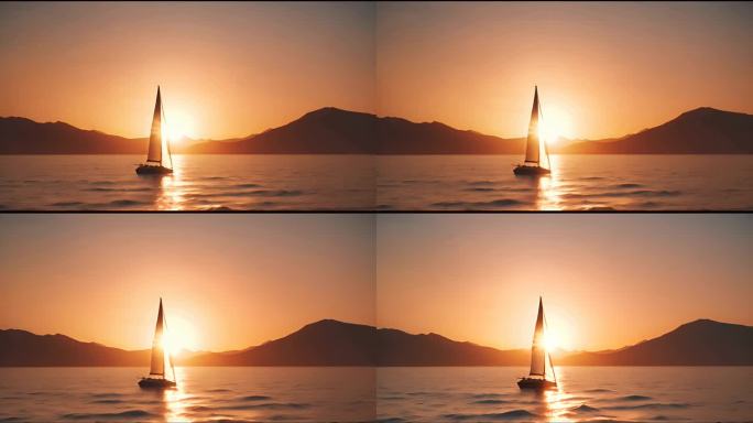 帆船 海面 夕阳 孤帆 唯美