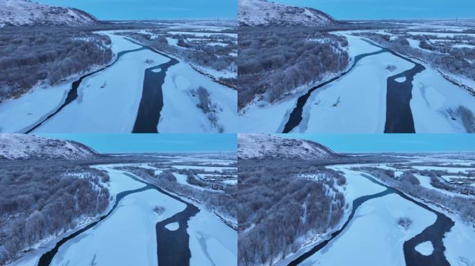冬至时节的内蒙古湿地河流雪景