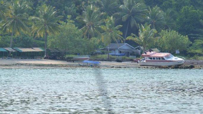 海滩上有失事和废弃的摩托艇，热带岛屿上有森林和山丘之间的住宅，岛上有椰子树