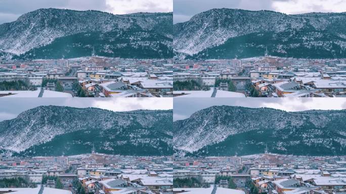 雪后的山峰与城镇-云南独克宗古城延时摄影