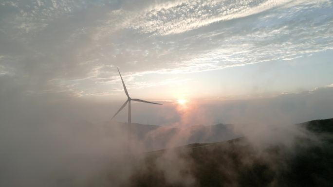 风力发电机4K素材高山上日出航拍国家电网