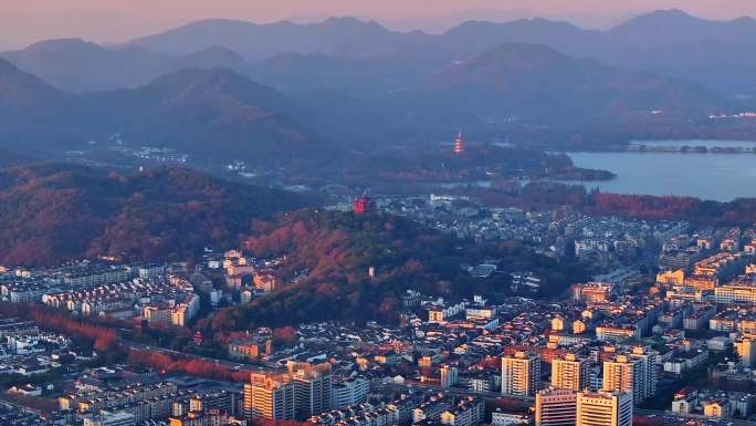 杭州城隍阁雷峰塔清晨航拍