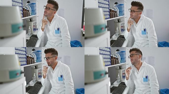 英俊的年轻西班牙人，一个认真工作的科学家，在高科技实验室里努力思考计算机分析，完全沉浸在迷人的医学研