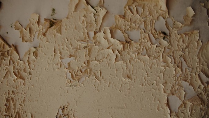 废弃建筑墙壁上剥落的米色油漆