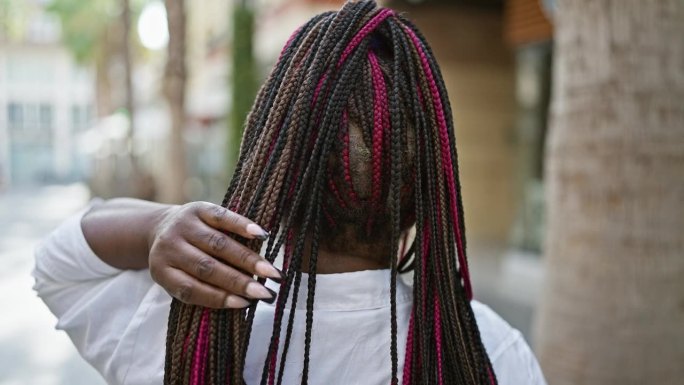 美丽的非裔美国妇女站在阳光明媚的城市街道上，向后捋着头发——从后面看，这是一种都市优雅的表达。