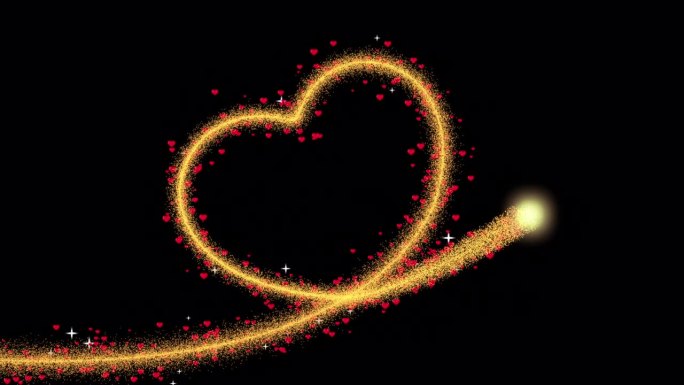 4K心线动画。金色闪光粒子和心形粒子上升，阿尔法(透明)通道，2月14日情人节-假期。爱，情感，心形