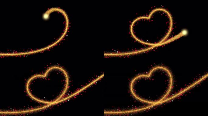 4K心线动画。金色闪光粒子和心形粒子上升，阿尔法(透明)通道，2月14日情人节-假期。爱，情感，心形