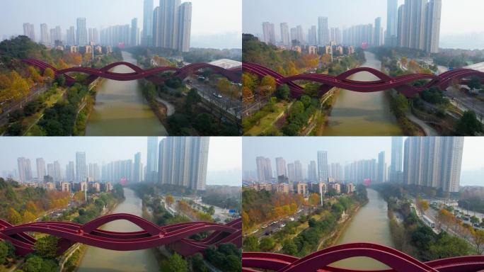 长沙城市建筑冬季风光梅溪湖中国结桥航拍