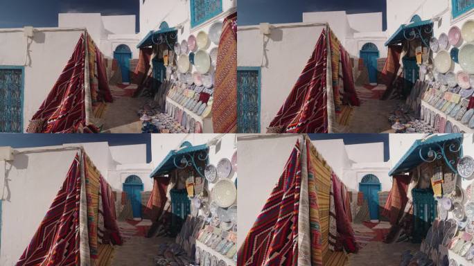 地毯地毯店在一个令人难以置信的迷人小镇的蓝色城市，突尼斯