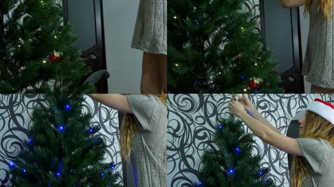 一个女孩把顶盖放在新年树上。圣诞假期。