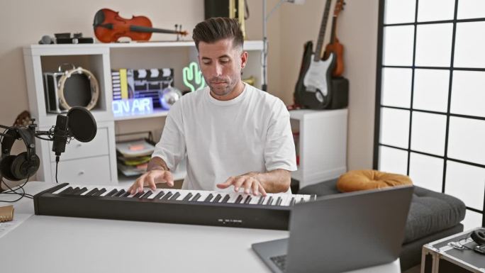 英俊，年轻的西班牙裔男子精神高度集中，在线钢琴课在音乐工作室里旋转旋律，手指在键盘上跳舞