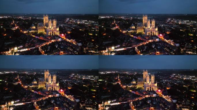 黄昏时分，无人机拍摄的英国林肯郡标志性的林肯大教堂，照亮了其雄伟的哥特式建筑。